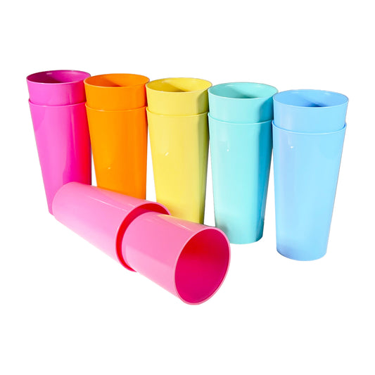 Pack of 24 Pint Cups Coloured Reusable Plastic - 1 Pint 568ml 20oz - Dishwasher Safe for Beer, Soft Drinks, Water - Six Colours (4 of Each Colour)