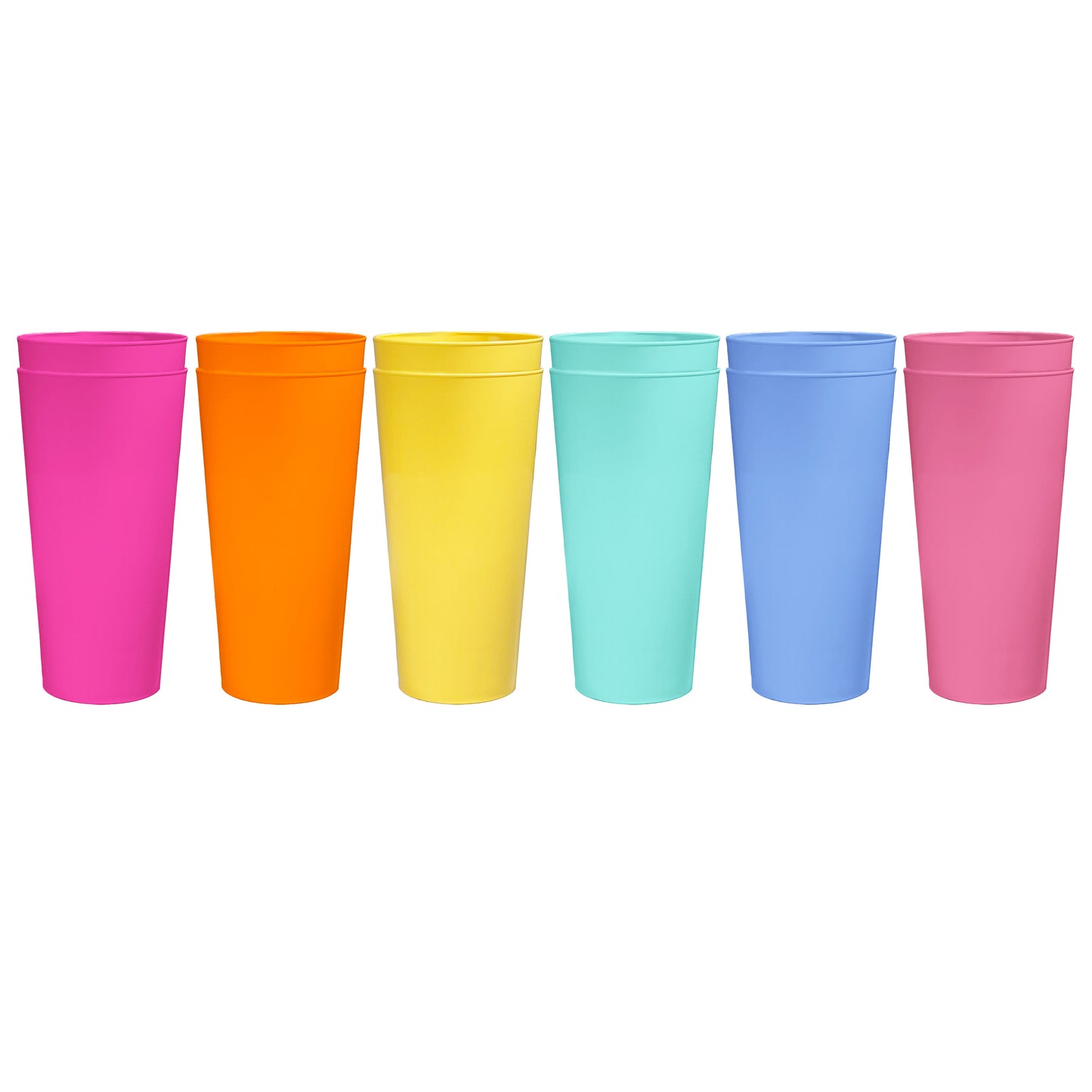 Pack of 24 Pint Cups Coloured Reusable Plastic - 1 Pint 568ml 20oz - Dishwasher Safe for Beer, Soft Drinks, Water - Six Colours (4 of Each Colour)