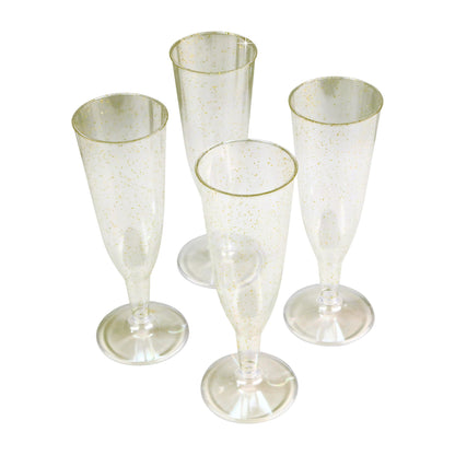 6 x Gold Glitter Prosecco Flutes - Disposable, Recyclable Polystyrene Material - Transparent 2-Piece Champagne Glasses Parties Celebrations