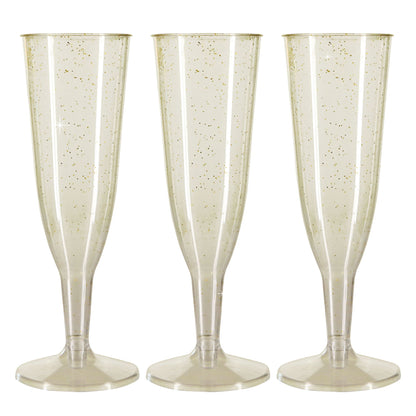 6 x Gold Glitter Prosecco Flutes - Disposable, Recyclable Polystyrene Material - Transparent 2-Piece Champagne Glasses Parties Celebrations
