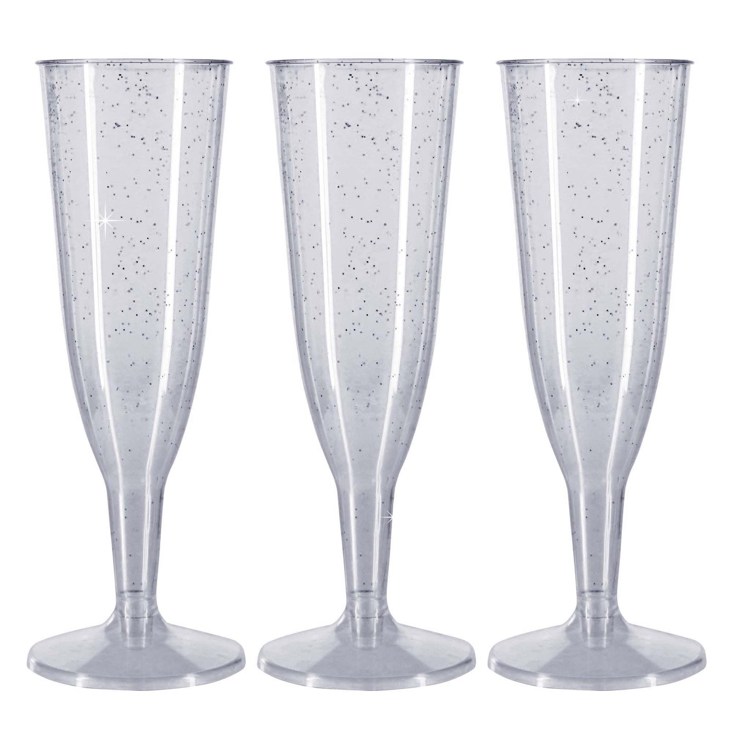 12 x Silver Glitter Prosecco Flutes - 150ml 5.2oz Capacity - Recyclable Polystyrene Material Transparent 2-Piece Sparkly Champagne