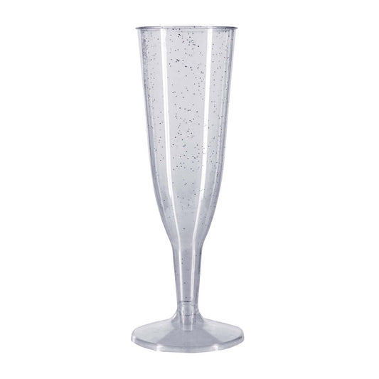12 x Silver Glitter Prosecco Flutes - 150ml 5.2oz Capacity - Recyclable Polystyrene Material Transparent 2-Piece Sparkly Champagne
