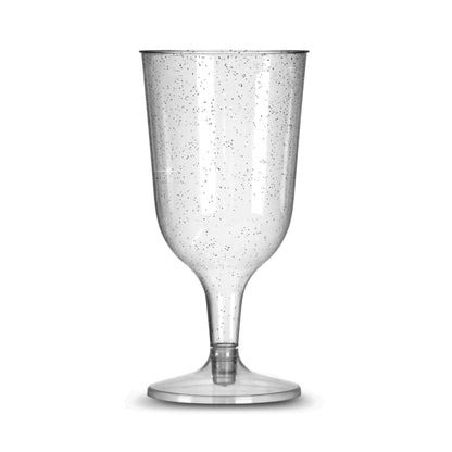 6 x Silver Glitter Wine Glasses - Disposable, Recyclable Polystyrene Material - Transparent 2-Piece Parties Celebrations