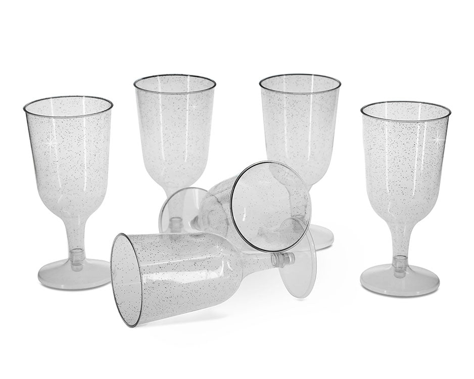 6 x Silver Glitter Wine Glasses - Disposable, Recyclable Polystyrene Material - Transparent 2-Piece Parties Celebrations
