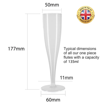 100 x Disposable Clear Prosecco Flutes 135ml 4.75oz Recyclable Polystyrene Material Transparent 1-Piece Sturdy Champagne Glasses BBQs Picnics