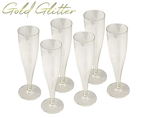 50 x Gold Glitter Disposable Plastic Prosecco Flutes 175ml 6oz