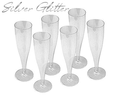 50 x Silver Glitter Disposable Plastic Prosecco Flutes 175ml 6oz