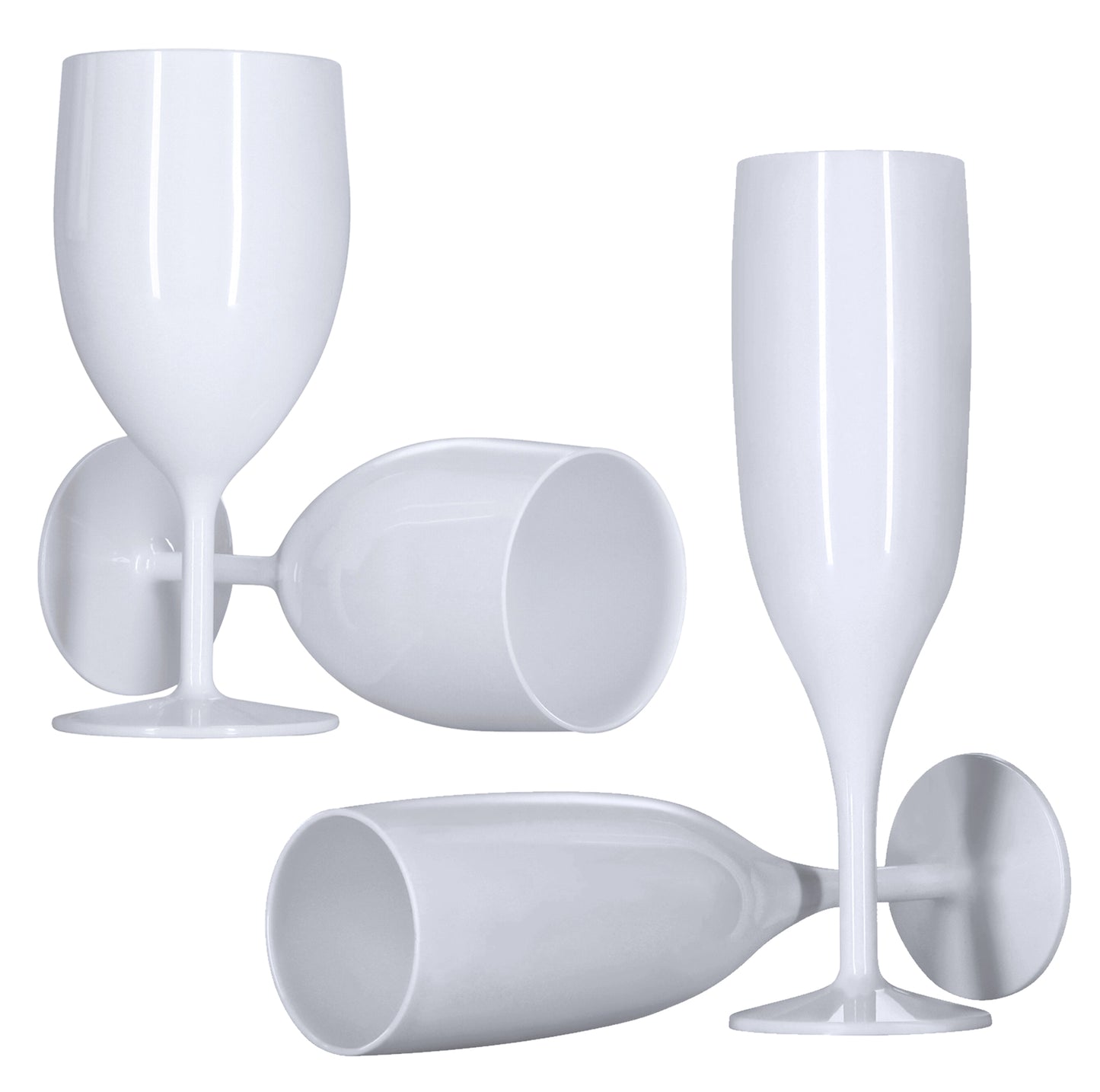 12 Flutes, 12 Wine Glasses (White) Pack of 24 Reusable Plastic Champagne Prosecco 175ml 300ml Strong Glossy Bright 1-Piece Dishwasher Safe-5056020186304-EY-PP-085-Product Pro-Flutes, White, White Champagne Glasses, White Prosecco Flutes, White Wine Glasses, Wine Glasses