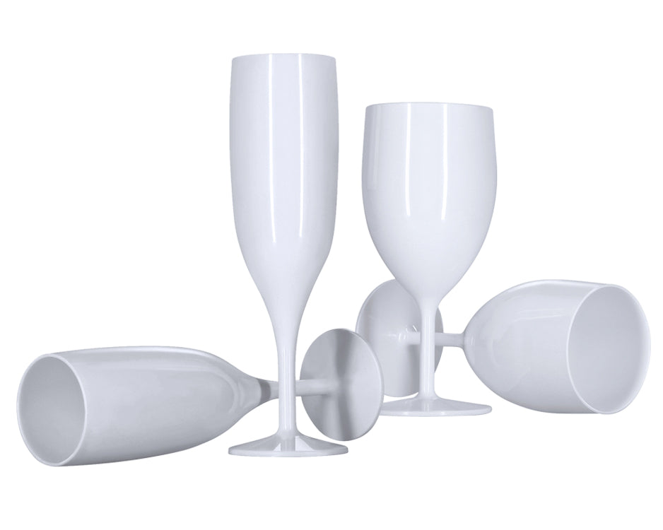 12 Flutes, 12 Wine Glasses (White) Pack of 24 Reusable Plastic Champagne Prosecco 175ml 300ml Strong Glossy Bright 1-Piece Dishwasher Safe-5056020186304-EY-PP-085-Product Pro-Flutes, White, White Champagne Glasses, White Prosecco Flutes, White Wine Glasses, Wine Glasses
