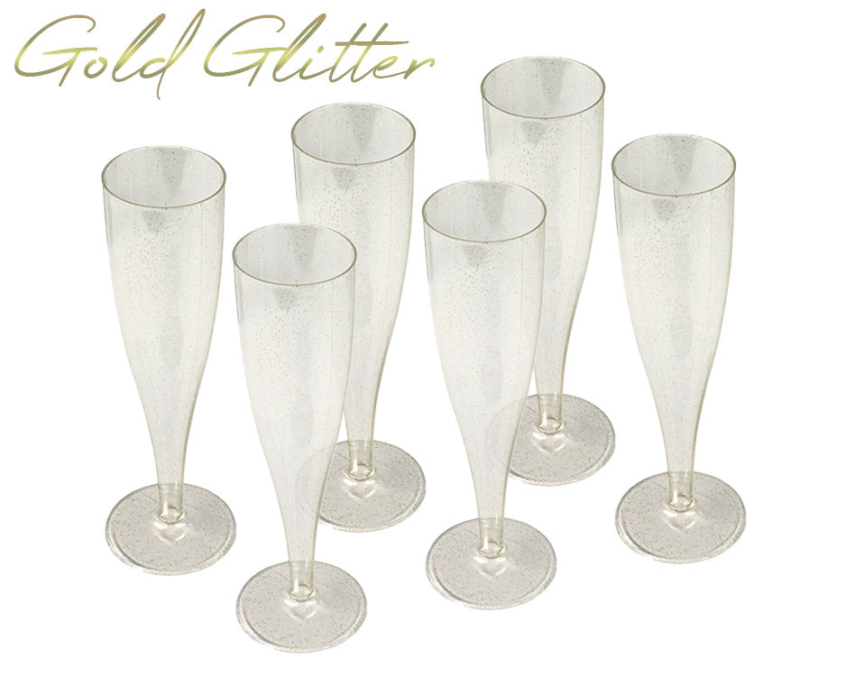 100 x Gold Glitter Prosecco Flutes - 175ml Plastic Disposable Champagne Glasses - One Piece (Pack of 100) Anniversaries, Weddings, Christmas-5056020183754-PCUP-CHAMP-GG-100-Product Pro-Glitter Champagne Glasses, Glitter Flutes, Glitter Glasses, Gold, Gold Champagne Glasses, Gold Glitter, Gold Prosecco Flutes