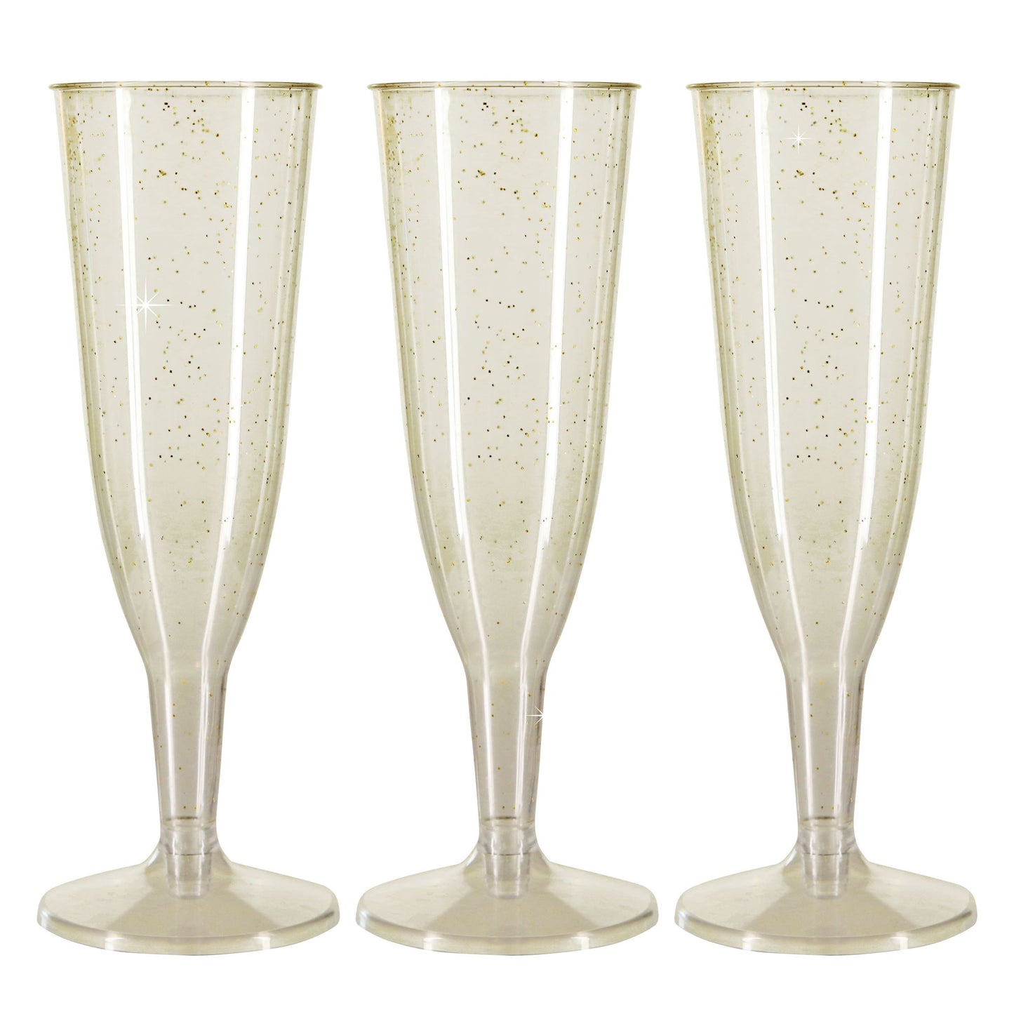 6 x Gold Glitter Prosecco Flutes - Disposable, Recyclable Polystyrene Material - Transparent 2-Piece Champagne Glasses Parties Celebrations-5056020179740-PCUP-CHAMP2p-GG-10-Product Pro-Champagne Glasses, Clear Champagne Glasses, Gold Glitter, Plastic Flutes, Prosecco Flutes
