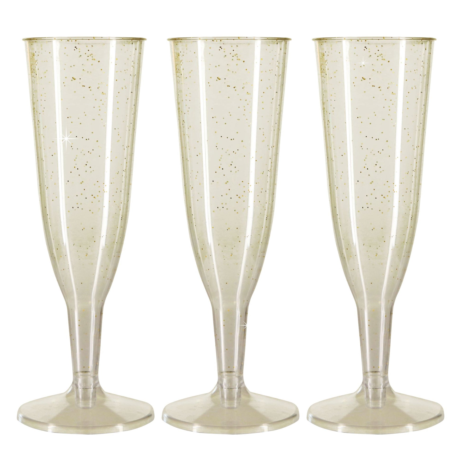 6 x Gold Glitter Prosecco Flutes - Disposable, Recyclable Polystyrene Material - Transparent 2-Piece Champagne Glasses Parties Celebrations-5056020179740-PCUP-CHAMP2p-GG-10-Product Pro-Champagne Glasses, Clear Champagne Glasses, Gold Glitter, Plastic Flutes, Prosecco Flutes
