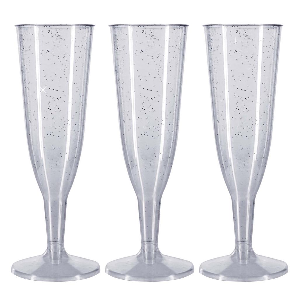 6 x Silver Glitter Prosecco Flutes - 150ml 5.2oz Capacity - Recyclable Polystyrene Material Transparent 2-Piece Sparkly Champagne Glasses