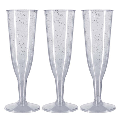 6 x Silver Glitter Prosecco Flutes - 150ml 5.2oz Capacity - Recyclable Polystyrene Material Transparent 2-Piece Sparkly Champagne Glasses