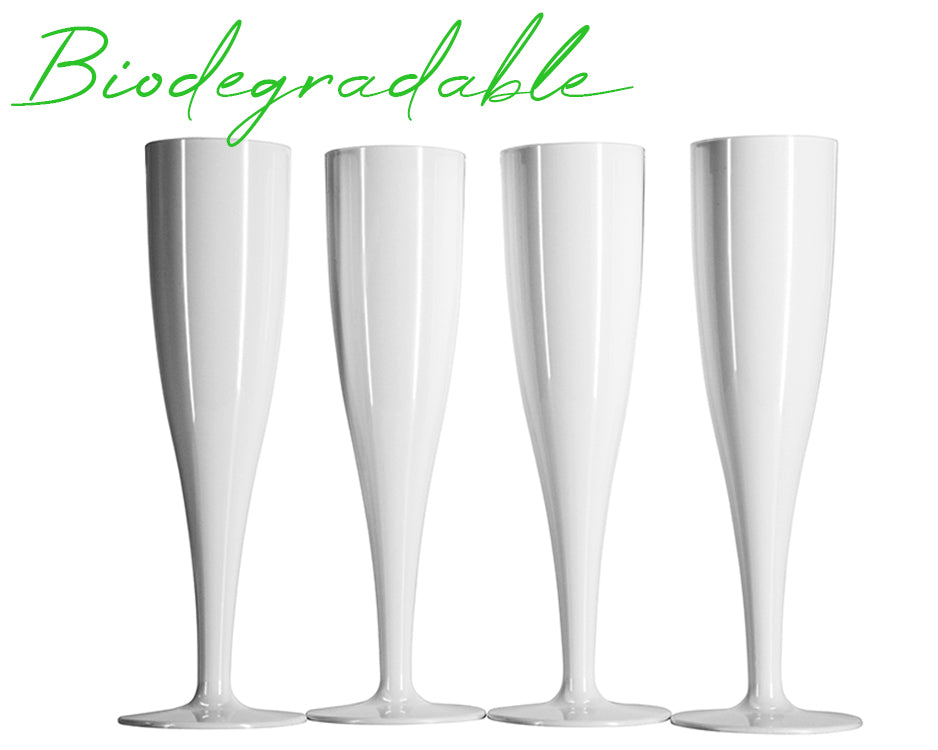 10 x White Biodegradable Prosecco Flutes - 135ml - One Piece Glossy Champagne Glass