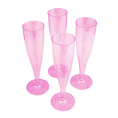10 x Pink with Silver Glitter Disposable Plastic Prosecco Flutes 175ml 6oz