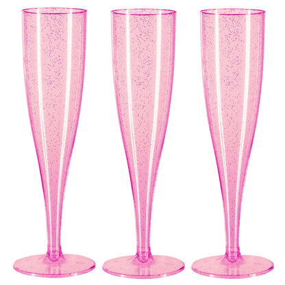 10 x Pink with Silver Glitter Disposable Plastic Prosecco Flutes 175ml 6oz
